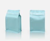บรรจุภัณฑ์ซิปพลาสติกที่กำหนดเองพิมพ์ถุงกาแฟเคลือบสีฟ้ากระเป๋าก้นแบน 250 กรัม, 1lb, 2Lb