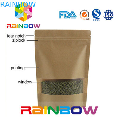 กระดาษคราฟท์สีน้ำตาลถุงกระดาษที่กำหนดเอง Doypack Ziplock ถุงบรรจุภัณฑ์อาหารแห้งพร้อมหน้าต่าง