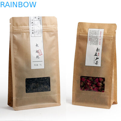 บรรจุภัณฑ์ถุงชาด้านล่างลามิเนตป้องกันความชื้นที่มีซิปและหน้าต่าง