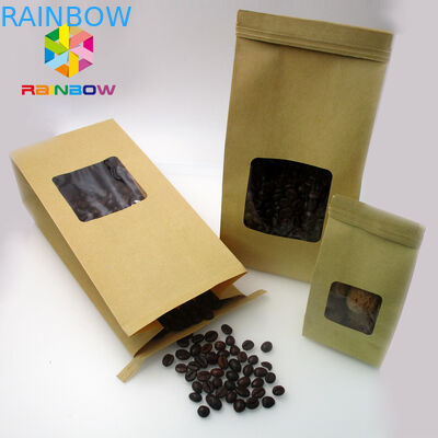 ที่กำหนดเองพิมพ์ฟอยล์เรียงรายกระดาษคราฟท์ยืนขึ้นกระเป๋ากระเป๋าด้วยหน้าต่างที่ชัดเจนสำหรับเมล็ดกาแฟ