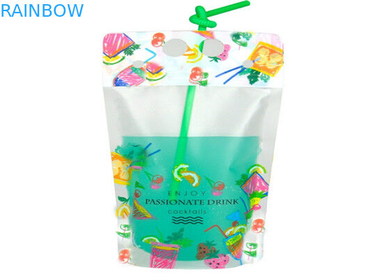 น้ำผลไม้เครื่องดื่มยืนขึ้นถุงพิมพ์แบบกำหนดเองใบรับรอง CMYK สี FDA พร้อมที่จับ