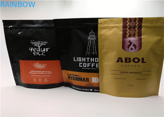 ถุงบรรจุ Mylar พลาสติกสีดำซิปล็อคยืนขึ้นสำหรับกาแฟและชา