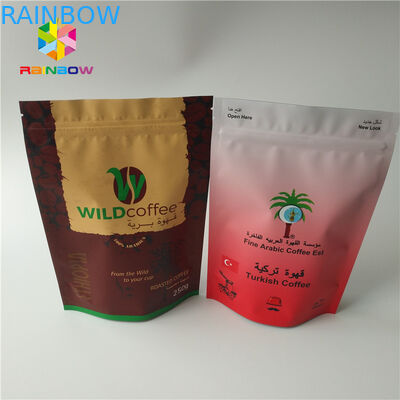 ที่กำหนดเองกรัมลุกขึ้นยืนคั่วกาแฟแพ็ค Mylar กระเป๋าเคลือบสำเร็จรูปด้วยอลูมิเนียมฟอยล์อาหารเกรดกาแฟถั่วผงกระเป๋า