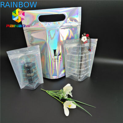 พลาสติกบรรจุภัณฑ์ถุงซิปเครื่องสำอางโฮโลแกรม Mylar สี CMYK พร้อมหน้าต่างใส