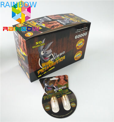 บรรจุภัณฑ์บัตรตุ่มมันวาวแบบกำหนดเองการเพิ่มประสิทธิภาพของเพศยาเม็ดกระดาษการ์ด Burro2 60000