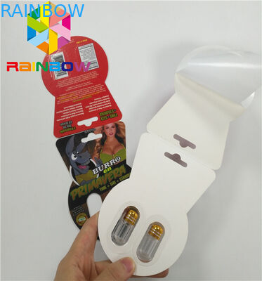 บรรจุภัณฑ์บัตรตุ่มมันวาวแบบกำหนดเองการเพิ่มประสิทธิภาพของเพศยาเม็ดกระดาษการ์ด Burro2 60000