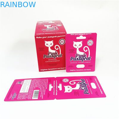 แสดงบัตรกระดาษเอฟเฟกต์ UV พร้อมบรรจุภัณฑ์พุพองกล่องบรรจุการ์ดแมวเหมียวสีชมพู