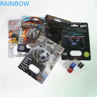 ยาเพิ่มสมรรถภาพทางเพศบรรจุภัณฑ์ Rhino Max 150K 3D Blister Cards พร้อมกล่องกระดาษสำหรับแคปซูลผงเพศ