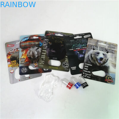 ยาเพิ่มสมรรถภาพทางเพศบรรจุภัณฑ์ Rhino Max 150K 3D Blister Cards พร้อมกล่องกระดาษสำหรับแคปซูลผงเพศ