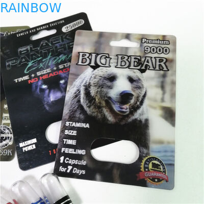 ยาเพิ่มสมรรถภาพทางเพศบรรจุภัณฑ์ Rhino Max 150K 3D Blister Cards พร้อมกล่องกระดาษสำหรับแคปซูลผงเพศ