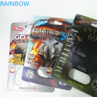 ยาเพิ่มสมรรถภาพทางเพศบรรจุภัณฑ์ Rhino Max 150K 3D Blister Cards พร้อมกล่องกระดาษสำหรับแคปซูลผงเพศ