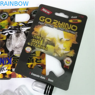 ยาเพิ่มสมรรถภาพทางเพศบรรจุภัณฑ์ Rhino Max 150K 3D Blister Cards พร้อมกล่องกระดาษสำหรับแคปซูลผงเพศ