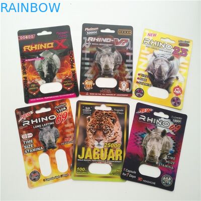 ยาเพิ่มสมรรถภาพทางเพศบรรจุภัณฑ์ Rhino Max 150K 3D Blister Cards พร้อมกล่องกระดาษสำหรับแคปซูลผงเพศ