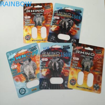 ยาเพิ่มสมรรถภาพทางเพศบรรจุภัณฑ์ Rhino Max 150K 3D Blister Cards พร้อมกล่องกระดาษสำหรับแคปซูลผงเพศ
