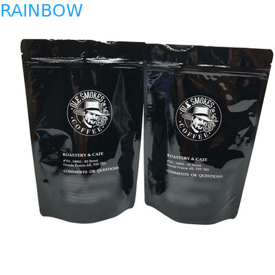 เมล็ดกาแฟยืนขึ้นซิปกระเป๋าพิมพ์แบบกำหนดเอง 100g 500g 1 กก. สีดำมันวาว