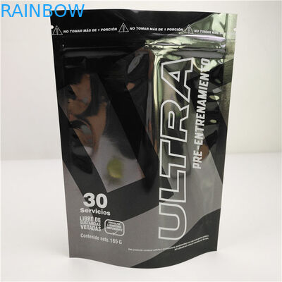 อลูมิเนียมฟอยล์สีดำมันวาว Mylar Plastic Standing Pouch โลโก้ที่กำหนดเอง