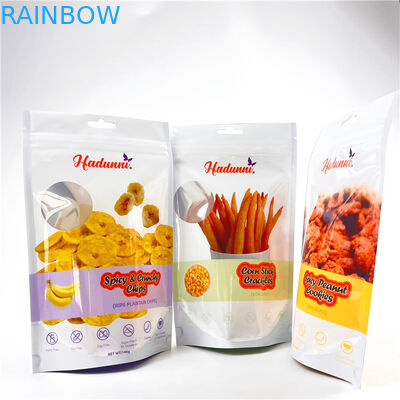 ถุง Mylar ที่ปิดสนิทพิมพ์แบบกำหนดเองสำหรับขนมขบเคี้ยว Banana Chips Stand Up Zipper