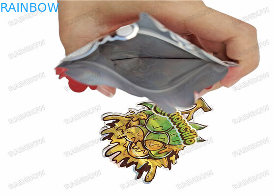 บรรจุภัณฑ์อาหารสัมผัสนุ่มรูปทรงพิเศษ 3.5g Mylar Die Cut ถุงผิดปกติพร้อมกลิ่นหลักฐาน