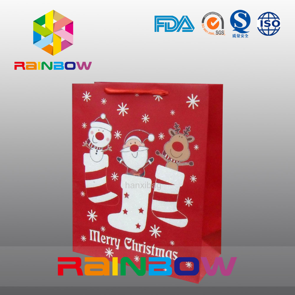 ถุงกระดาษที่กำหนดเองสีแดงถุงของขวัญคริสต์มาสพร้อมเชือกสีแดง / พิมพ์น่ารัก