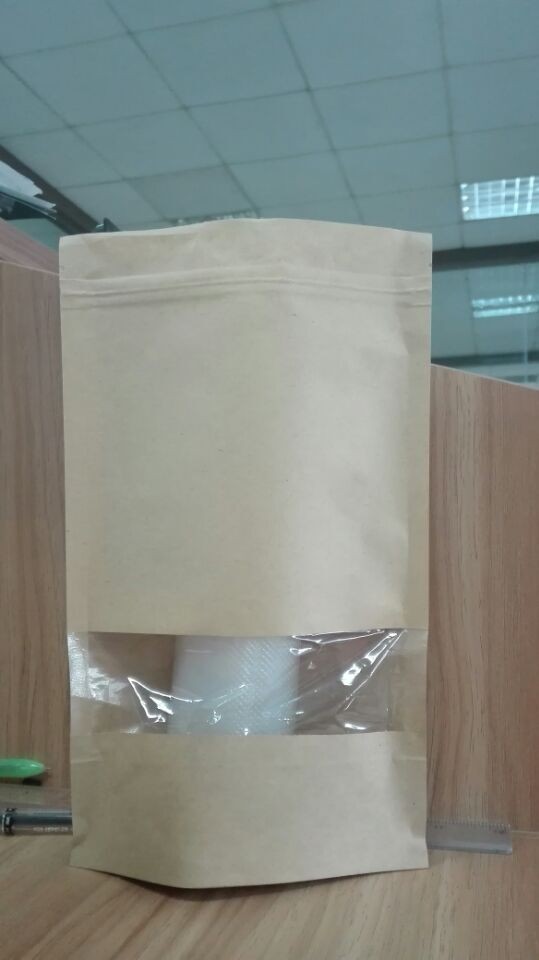 คราฟท์ Mylar Ziplock กระเป๋าถุงกระดาษยืนขึ้นพร้อมหน้าต่างสี่เหลี่ยม