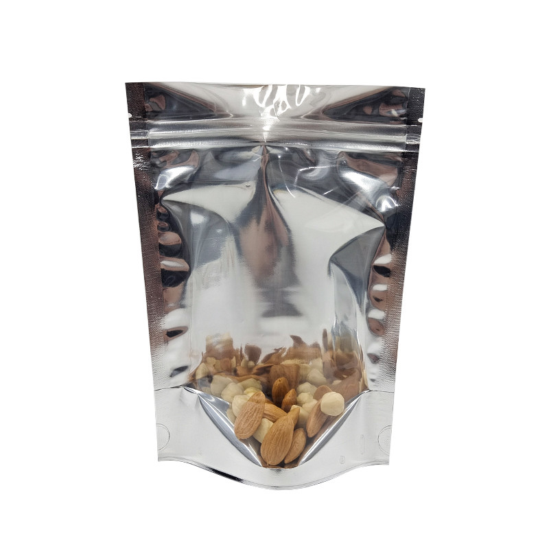 บรรจุภัณฑ์อลูมิเนียมฟอยล์ CMYK Mylar Doypac Clear Window Front Silver Back Stand Up Resealable