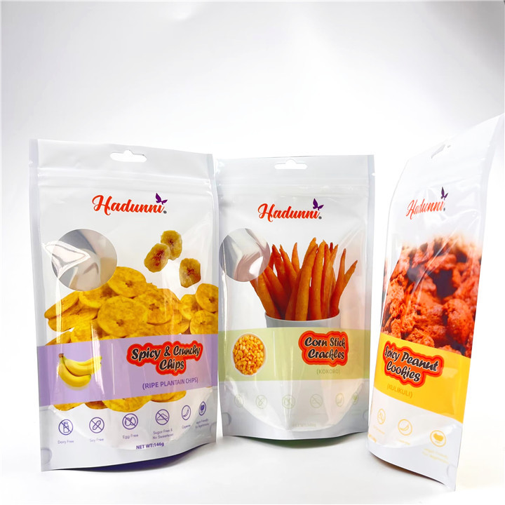 ถุง Mylar ที่ปิดสนิทพิมพ์แบบกำหนดเองสำหรับขนมขบเคี้ยว Banana Chips Stand Up Zipper