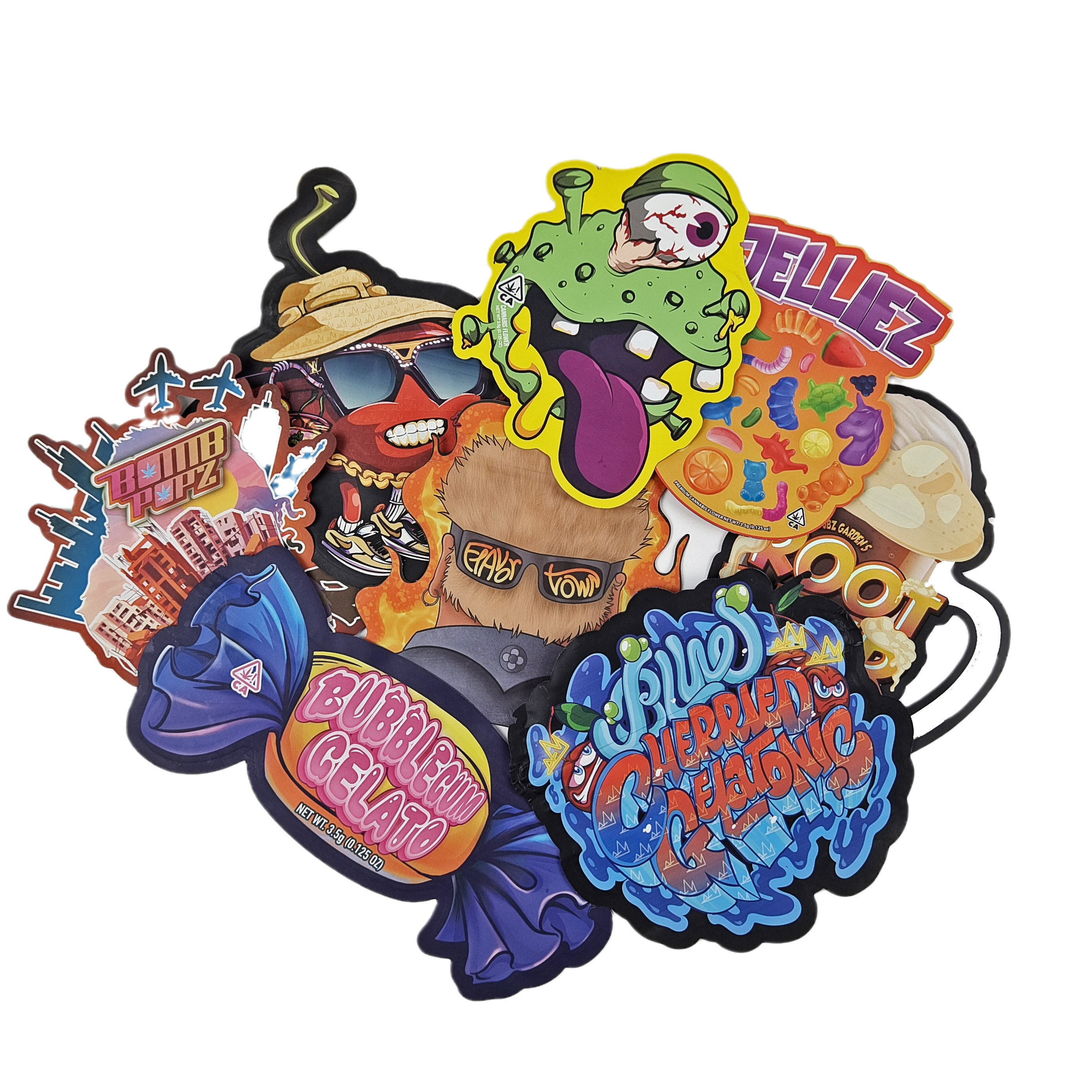 ออกแบบที่กำหนดเอง 3.5g 7g 14g 28g Die Cut ถุง Ziplock รูปร่างพิเศษ Childproof Custom Shape Mylar บรรจุภัณฑ์ถุงขนมขบเคี้ยว