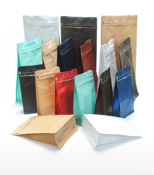 กระเป๋าบรรจุกระดาษครัฟท์ที่พิมพ์ กระเป๋ากาแฟด้านล่างเรียบ พร้อมวาล์วลดแก๊ส