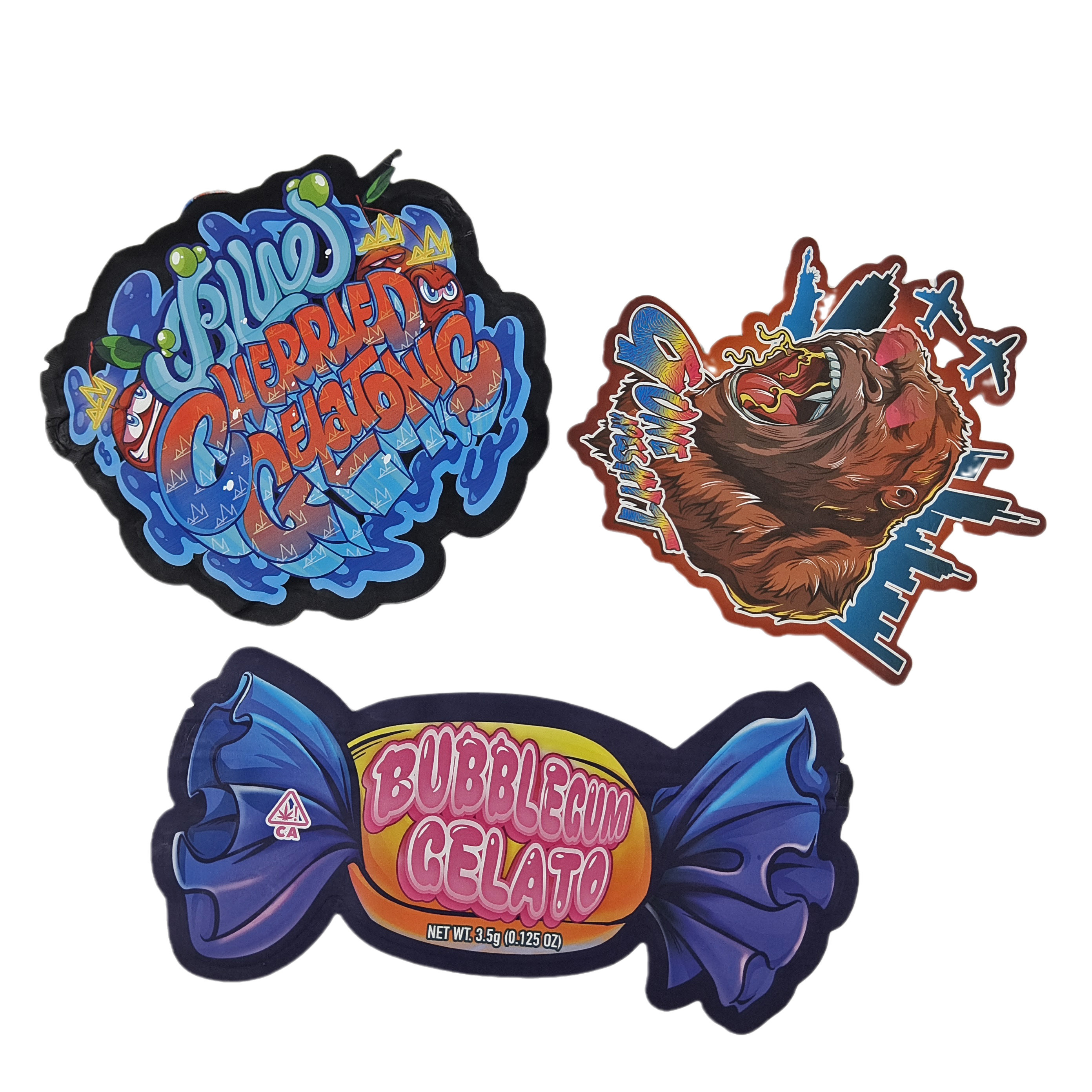 การพิมพ์แบบดิจิตอลแบบตัดแบบไม่เรียบ 3.5 กรัม กระเป๋าทรงพิเศษอาหาร พลาสติก Ziplock Packaging กระเป๋า Mylar