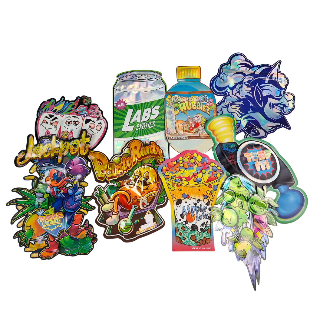 ถุงไมลาร์สำหรับคุกกี้เกรดอาหาร Doypack Die Cut Cali 3.5g 7g 14g 28g ถุงซิปล็อคเคลือบเงา/ด้านกันกลิ่น