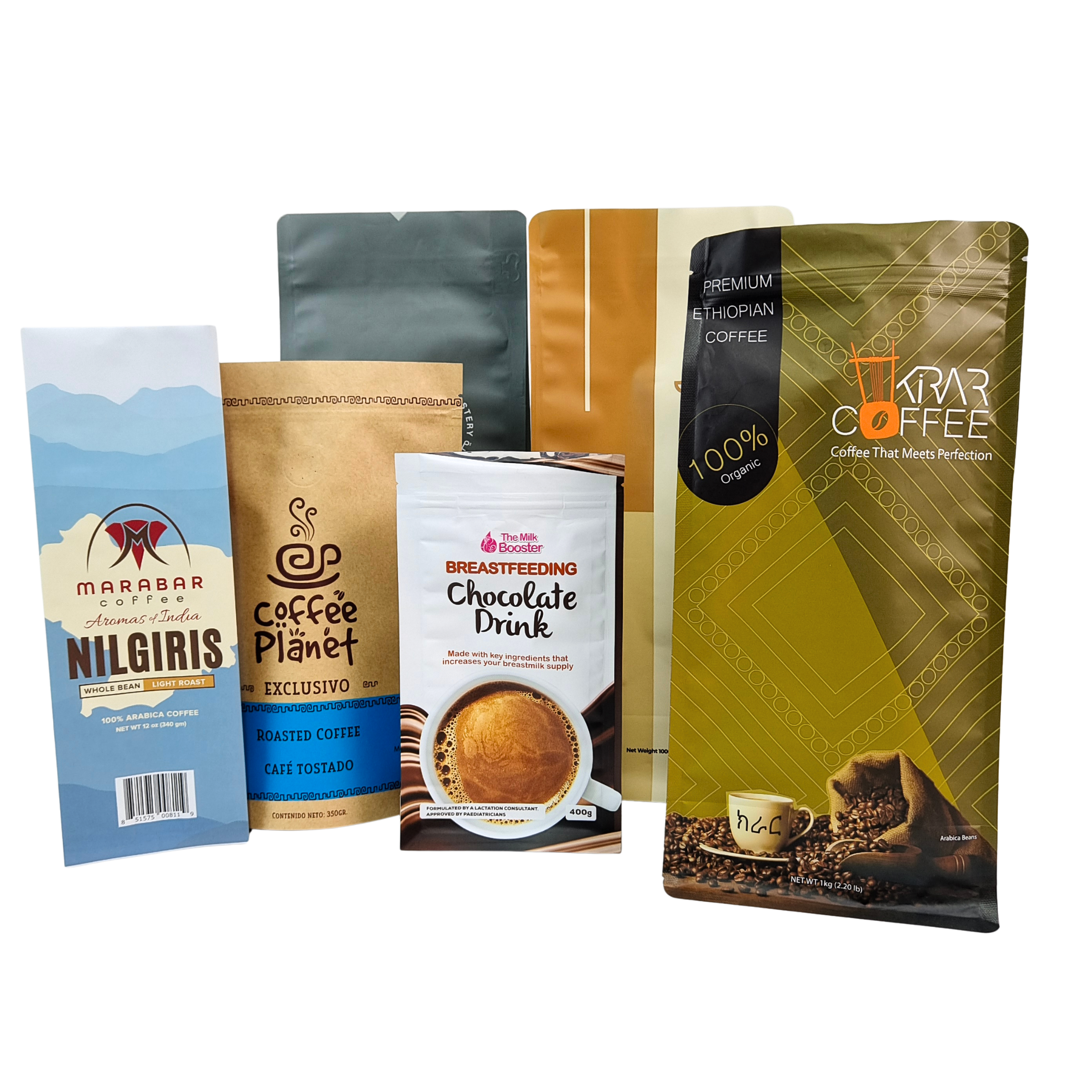 ถุงซิปล็อคตั้งได้แบบกำหนดเองสำหรับเมล็ดกาแฟพร้อมวาล์ว