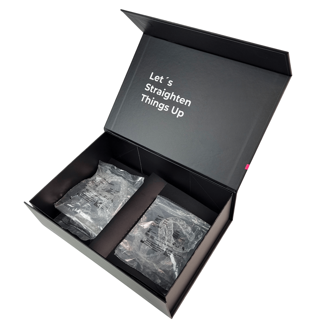 กล่องบรรจุภัณฑ์จัดฟันแบบใสแบบกำหนดเอง พร้อมแม่เหล็กปิด ความหนา 350g และดีไซน์ที่ปรับแต่งได้สำหรับอุปกรณ์จัดฟัน