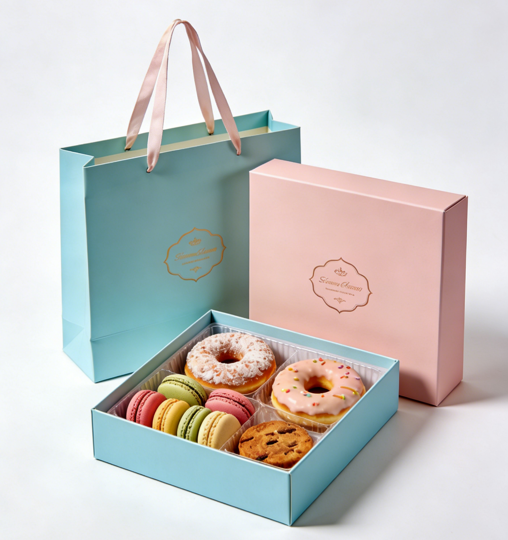 ราคาอาหารพรีเมียม ฐานพับและกล่องฝาสําหรับเค้ก ซูชิ มะครอน เซอร์เด้ต อาหารอร่อย กล่องของขวัญเบเกอรี่ ชุดพร้อมกระเป๋ากระดาษ