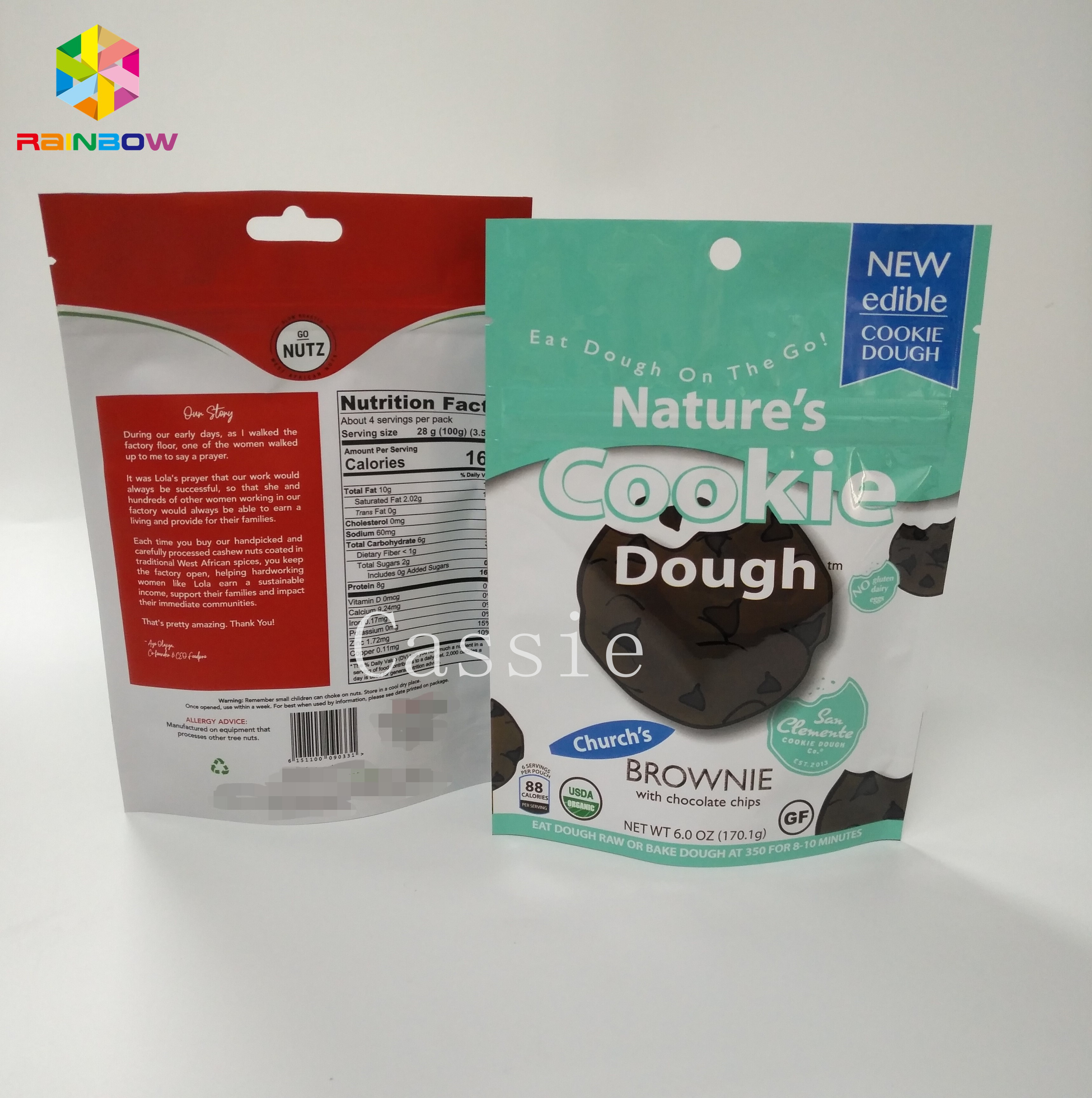 ถุงบรรจุภัณฑ์ขนมขบเคี้ยวพิมพ์แบบกำหนดเองกลิ่นคุกกี้หลักฐานยืนขึ้นกระเป๋าด้วย Ziplock