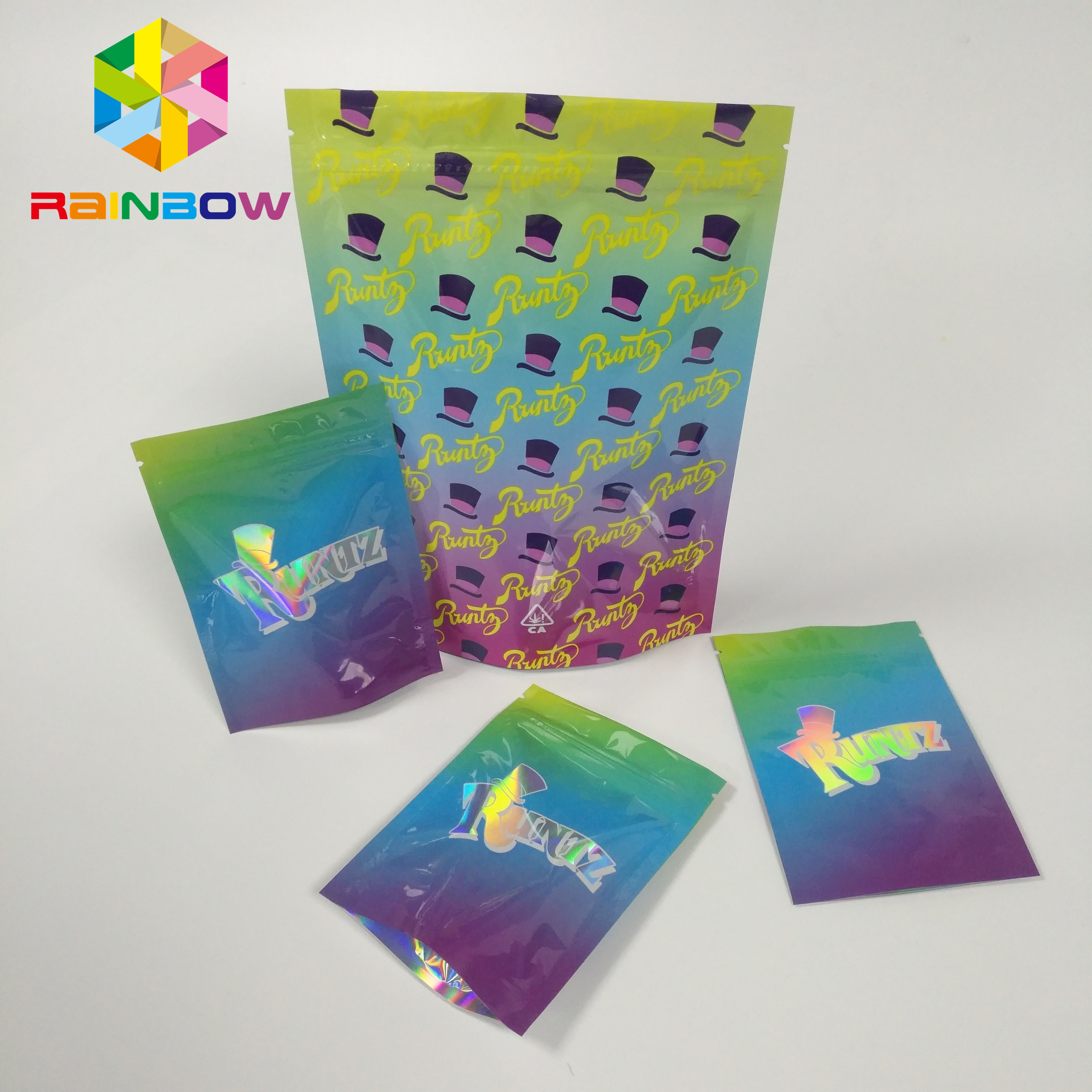 ป้องกันความชื้นยืนขึ้นถุงซิป RUNTZ สีสัน Mylar เลเซอร์ล็อคซิปโฮโลแกรม