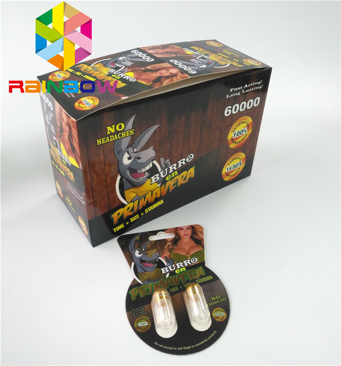 บรรจุภัณฑ์บัตรตุ่มมันวาวแบบกำหนดเองการเพิ่มประสิทธิภาพของเพศยาเม็ดกระดาษการ์ด Burro2 60000