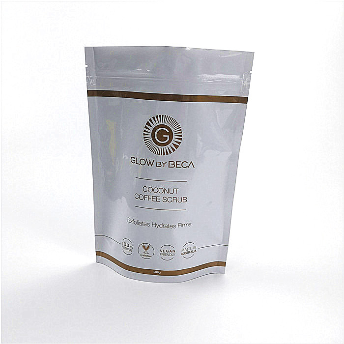 ถุงพลาสติก Mylar สีขาวมันวาวบรรจุภัณฑ์ Stand Up Pouch สำหรับบรรจุภัณฑ์กาแฟ