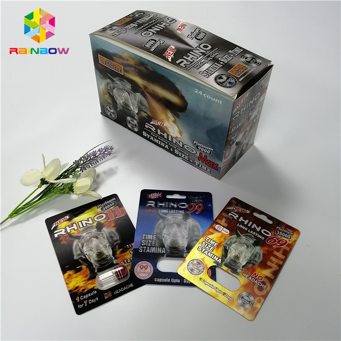 ชายเสริมเพศยาบรรจุภัณฑ์บัตรพุพองแรด 69 แคปซูลพลาสติกกล่องการ์ด 3d