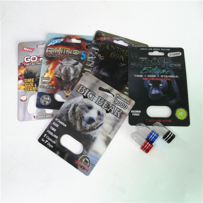 ยาเพิ่มสมรรถภาพทางเพศบรรจุภัณฑ์ Rhino Max 150K 3D Blister Cards พร้อมกล่องกระดาษสำหรับแคปซูลผงเพศ
