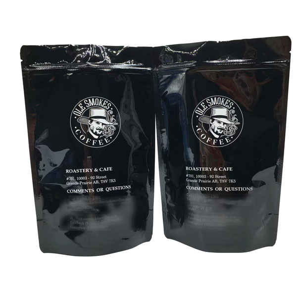 Tear Notch Standing Pouch ซิปพิมพ์เต็มลามิเนตสีดำมันวาว