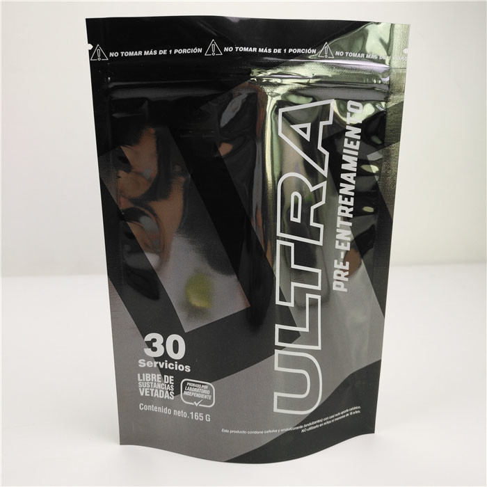 อลูมิเนียมฟอยล์สีดำมันวาว Mylar Plastic Standing Pouch โลโก้ที่กำหนดเอง