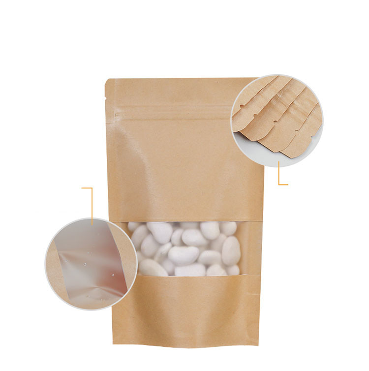 กระดาษคราฟท์สีน้ำตาล Ziplock ย่อยสลายได้ทางชีวภาพยืนขึ้นพร้อมหน้าต่าง