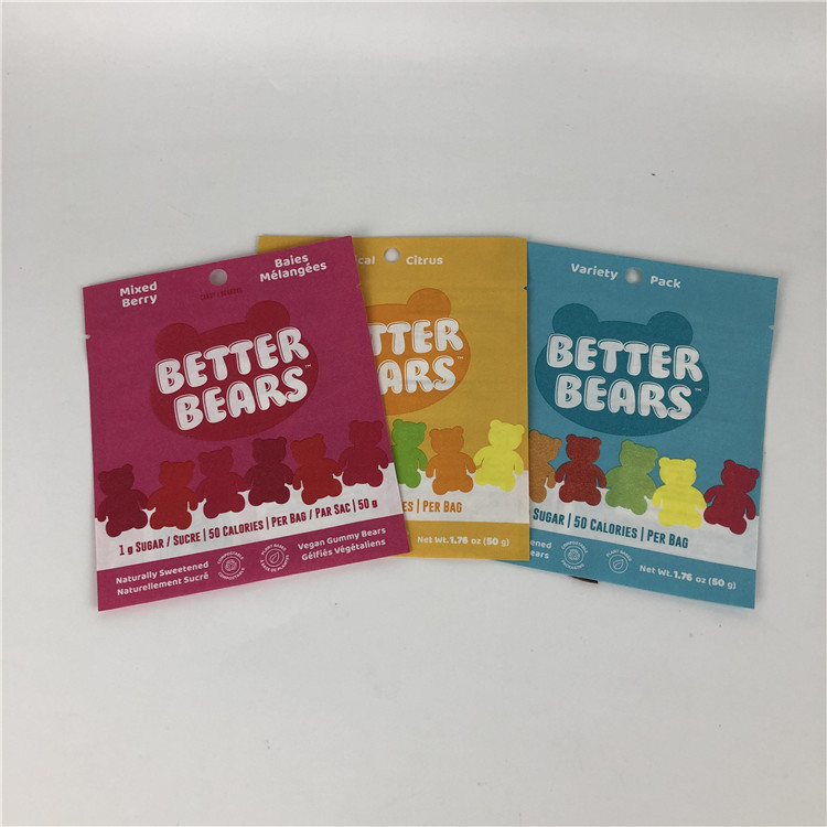 สามด้านซีลแบนความร้อนปิดผนึกขนมขบเคี้ยวคุกกี้กิน CBD THC Gummies ถุงบรรจุภัณฑ์ย่อยสลายได้